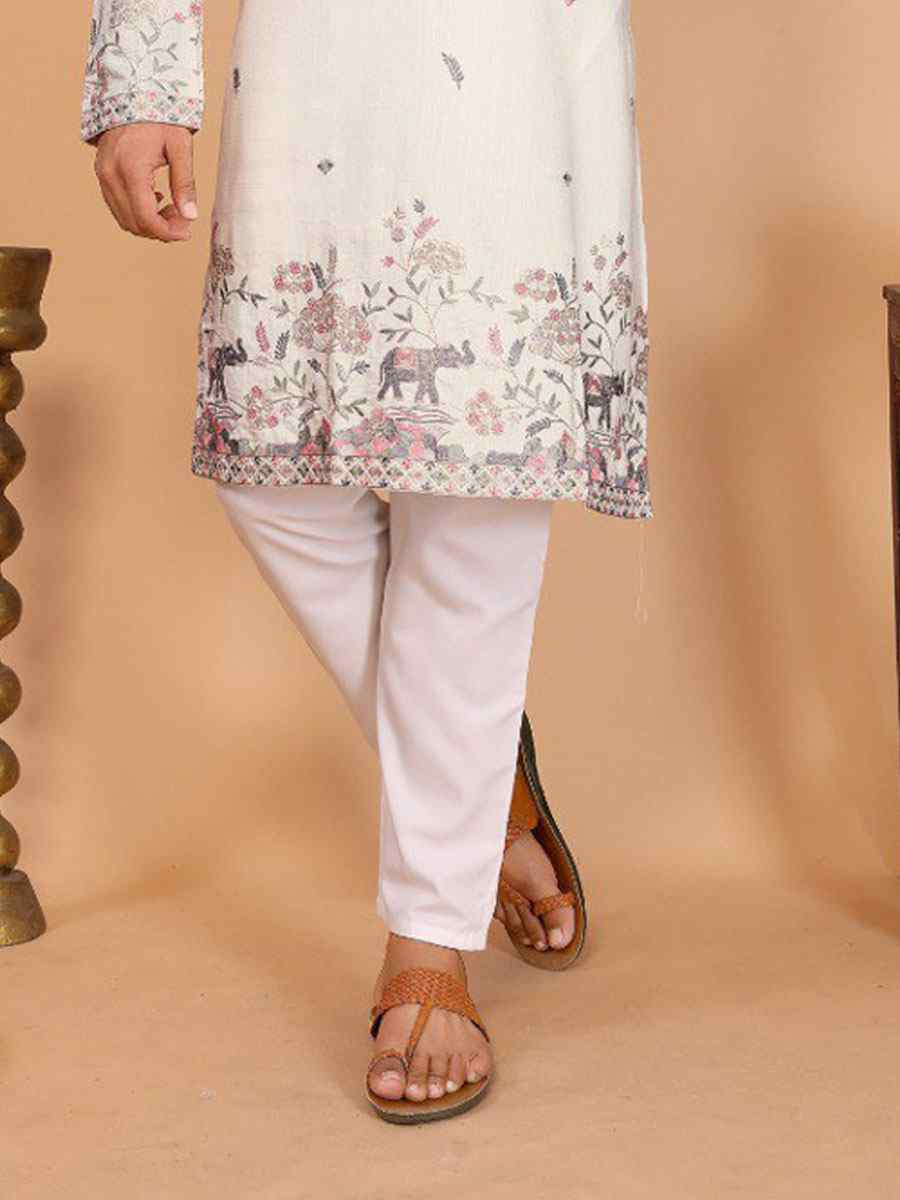 White Heavy Linen Cotton Embroidery And Printed Festival Wedding Party Mens Kurta