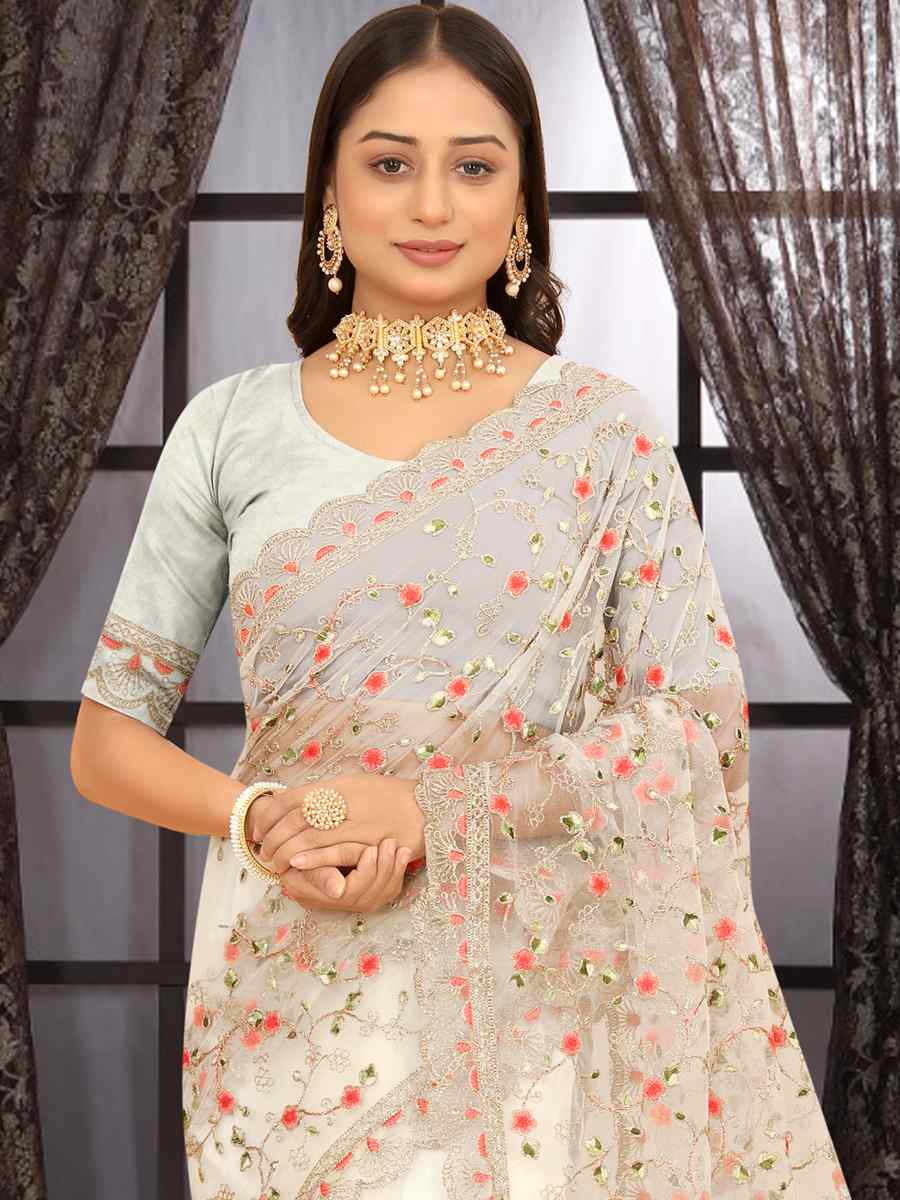 White Heavy Net Embroidered Party Festival Heavy Border Saree