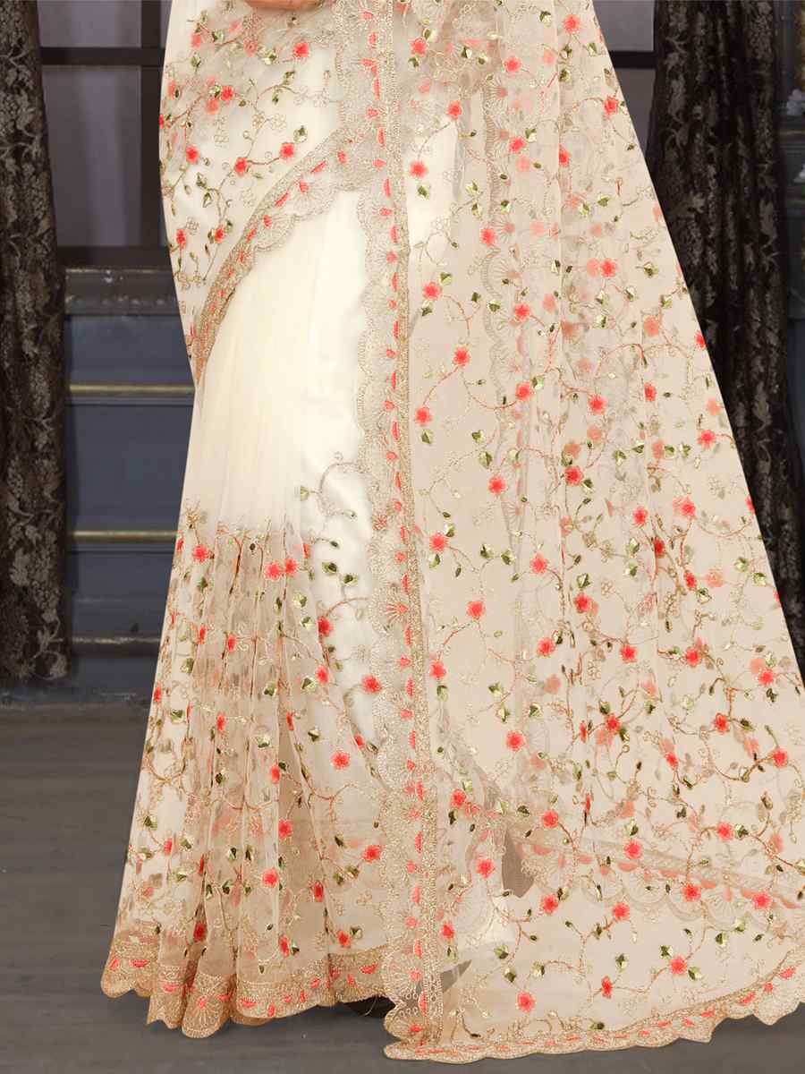 White Heavy Net Embroidered Party Festival Heavy Border Saree