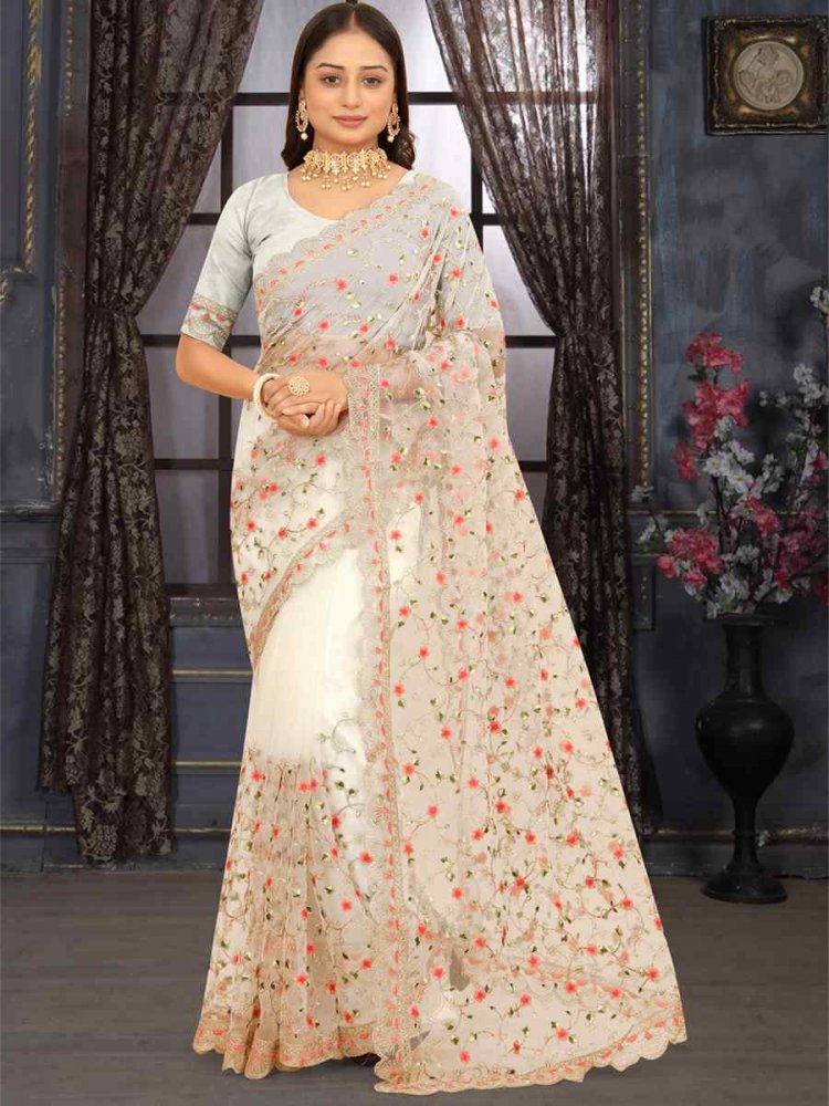 White Heavy Net Embroidered Party Festival Heavy Border Saree