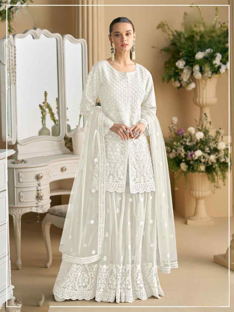 Image of White Heavy Net Embroidery Party Wedding Festival Casual Ready Sharara Pant Salwar Kameez