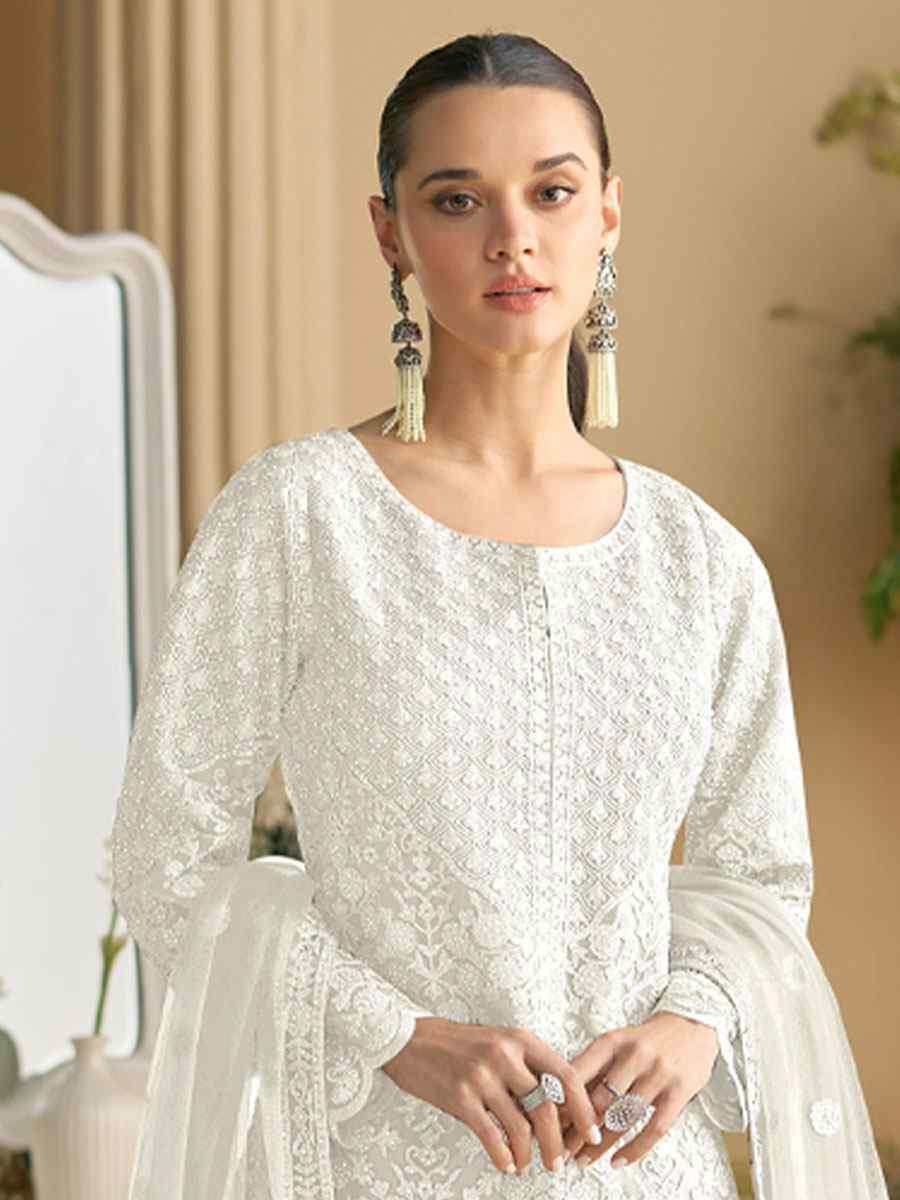 White Heavy Net Embroidery Party Wedding Festival Casual Ready Sharara Pant Salwar Kameez