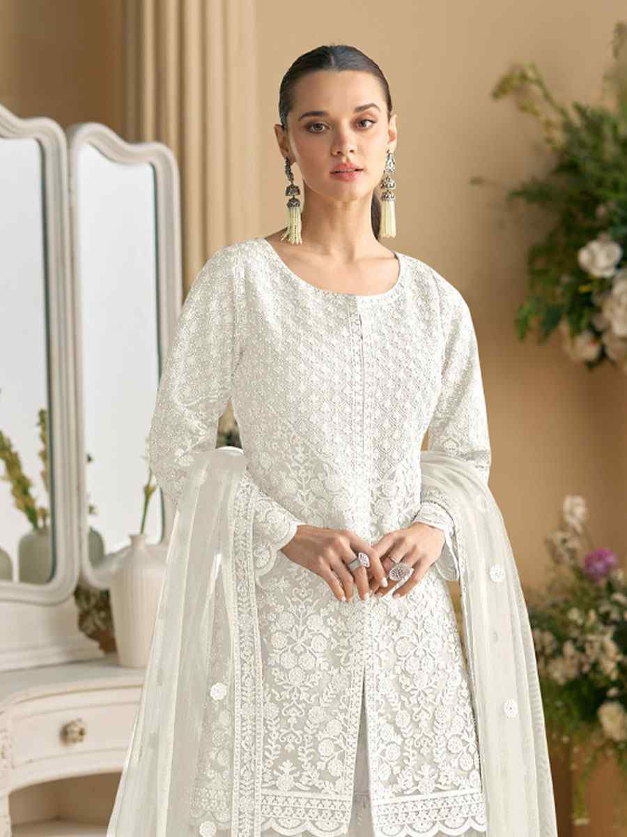 White Heavy Net Embroidery Party Wedding Festival Casual Ready Sharara Pant Salwar Kameez