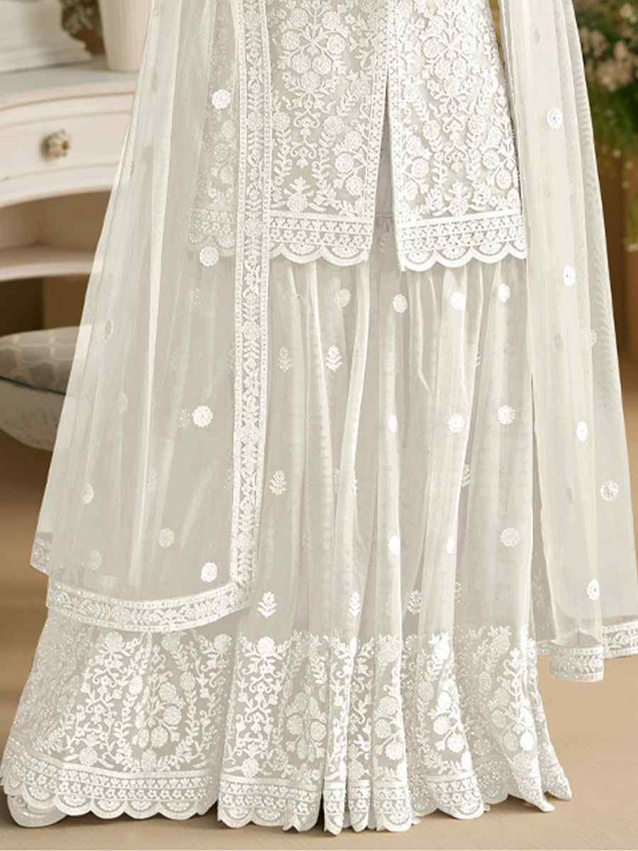 White Heavy Net Embroidery Party Wedding Festival Casual Ready Sharara Pant Salwar Kameez