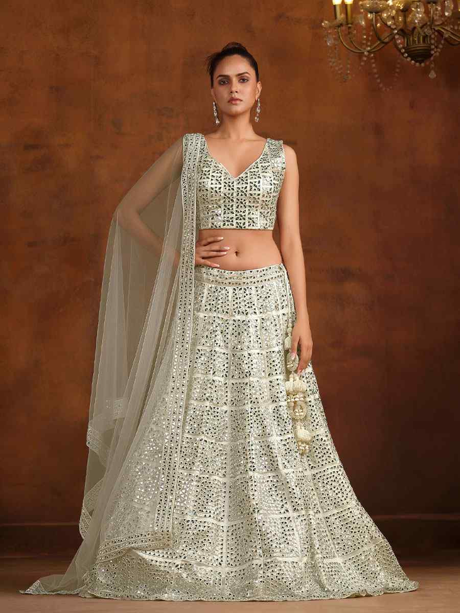 White Heavy Net With Banglory Silk Inner Embroidered Printed Wedding Reception Festival Heavy Border Lehenga Choli