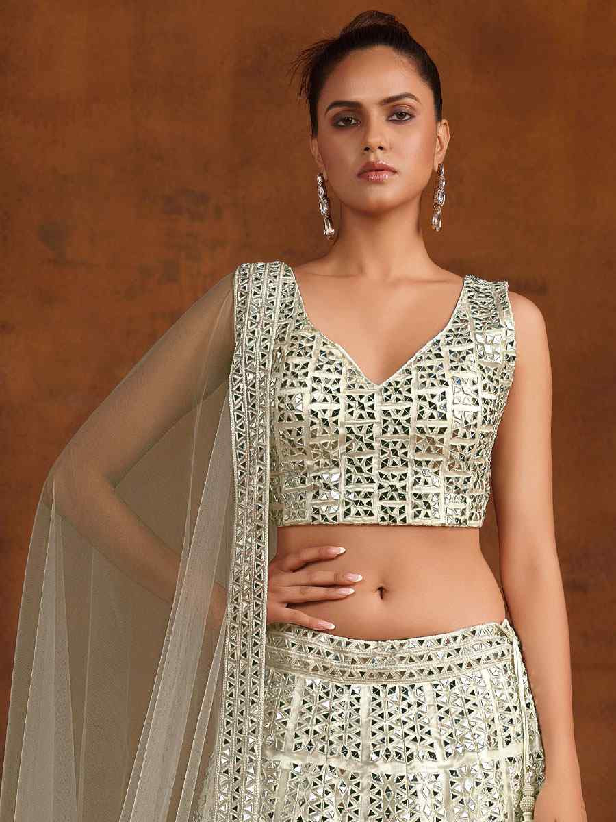 White Heavy Net With Banglory Silk Inner Embroidered Printed Wedding Reception Festival Heavy Border Lehenga Choli