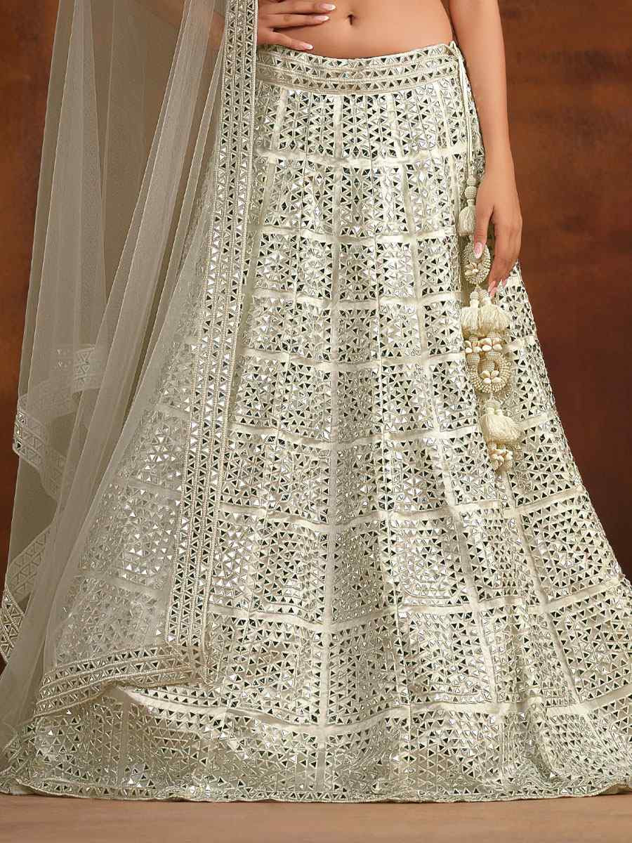White Heavy Net With Banglory Silk Inner Embroidered Printed Wedding Reception Festival Heavy Border Lehenga Choli