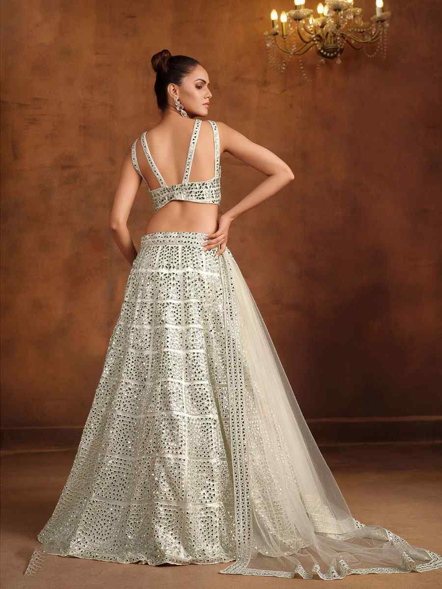 White Heavy Net With Banglory Silk Inner Embroidered Printed Wedding Reception Festival Heavy Border Lehenga Choli