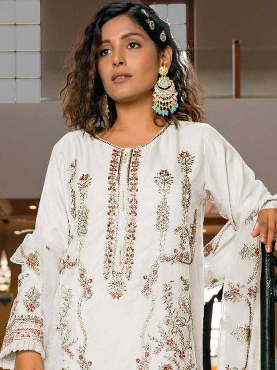 White Heavy Organza  Embroidered Festival Casual Pant Salwar Kameez