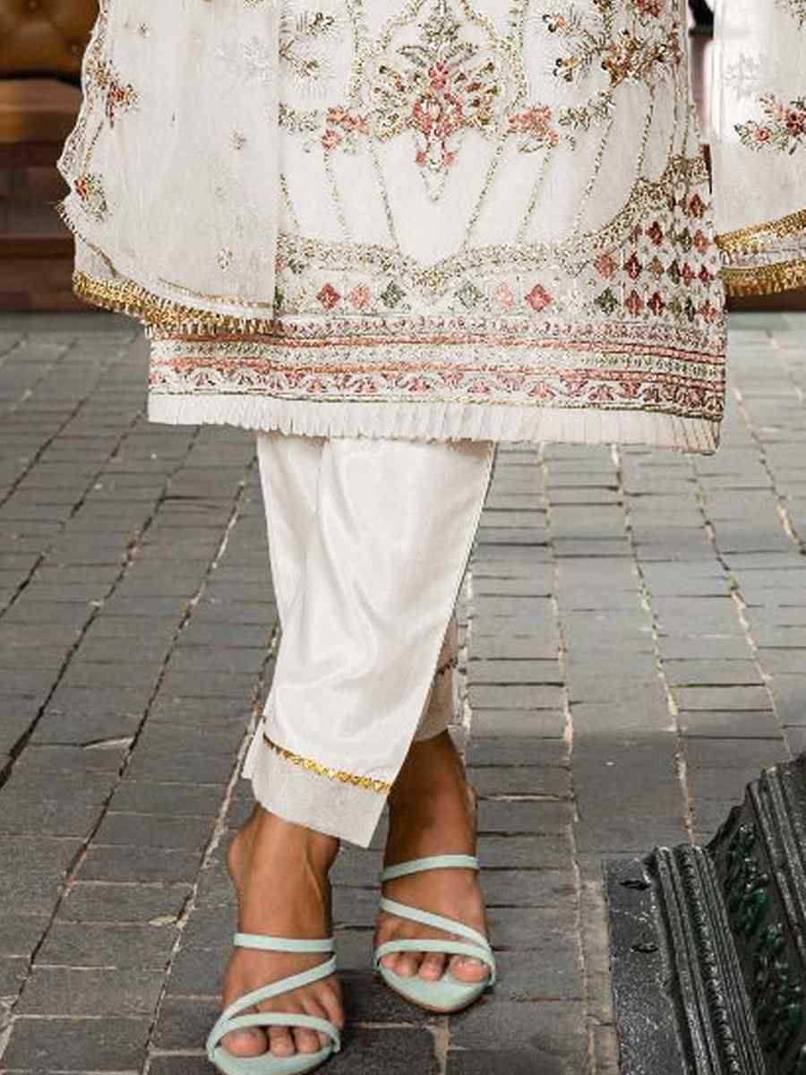 White Heavy Organza  Embroidered Festival Casual Pant Salwar Kameez