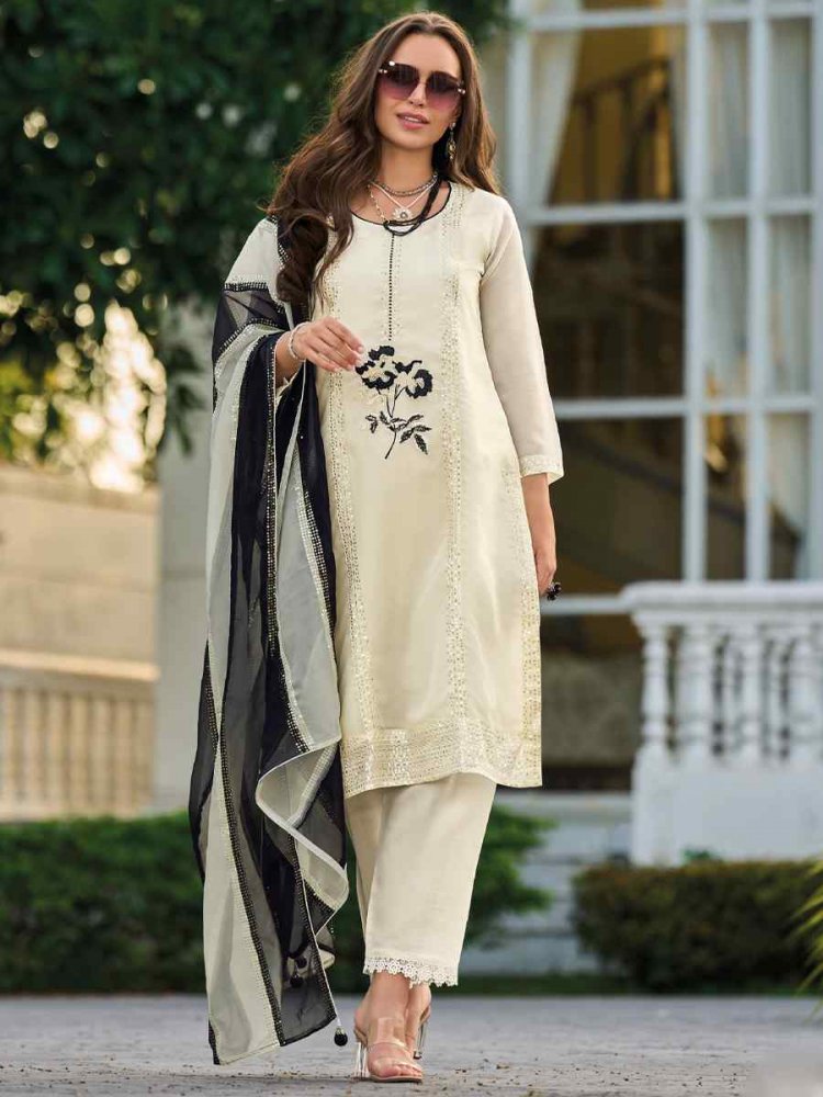 White Heavy Organza Embroidered Festival Casual Ready Pant Salwar Kameez