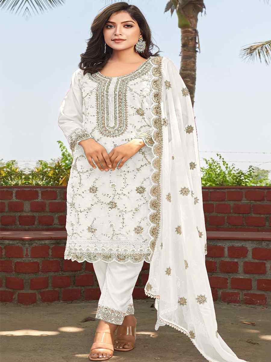 White Heavy Organza Embroidered Festival Wedding Pant Salwar Kameez