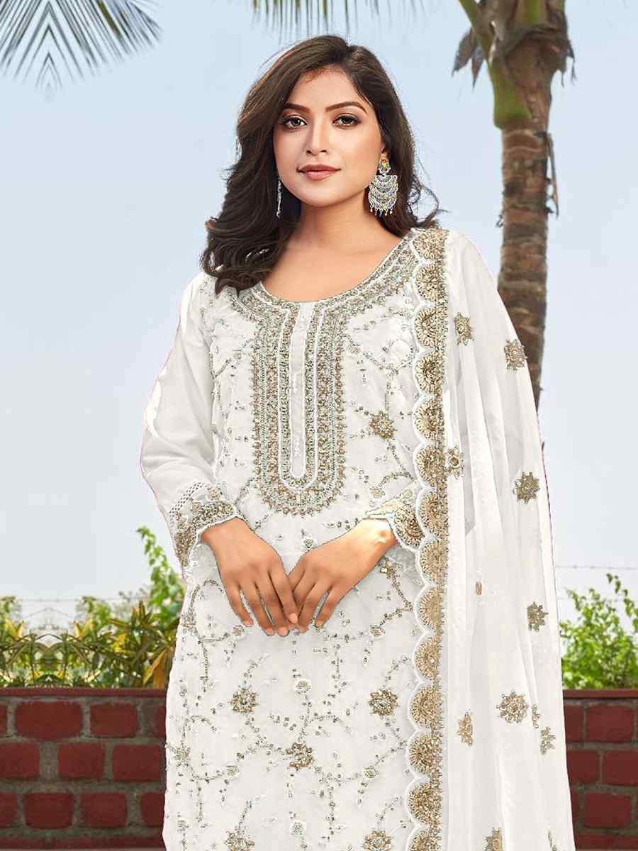 White Heavy Organza Embroidered Festival Wedding Pant Salwar Kameez