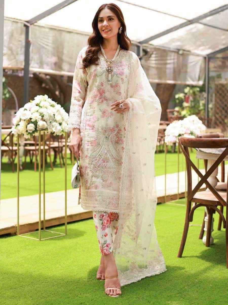 White Heavy Organza Silk Embroidered Festival Wedding Pant Salwar Kameez