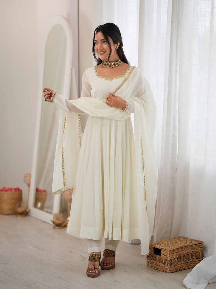 Image of White Heavy Pure Mal Chanderi Silk Stone Work Lace Wedding Party Festival Casual Ready Anarkali Pant Salwar Kameez