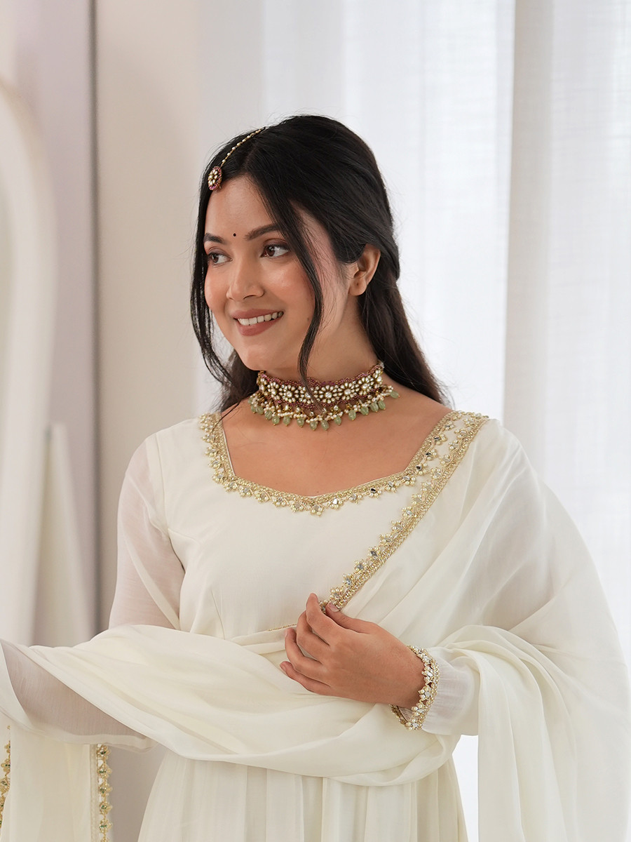 White Heavy Pure Mal Chanderi Silk Stone Work Lace Wedding Party Festival Casual Ready Anarkali Pant Salwar Kameez