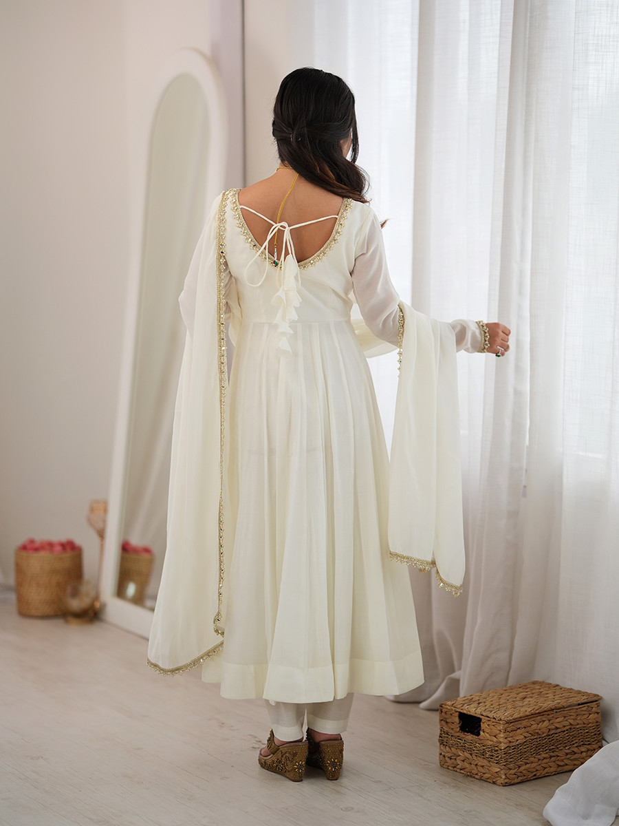 White Heavy Pure Mal Chanderi Silk Stone Work Lace Wedding Party Festival Casual Ready Anarkali Pant Salwar Kameez