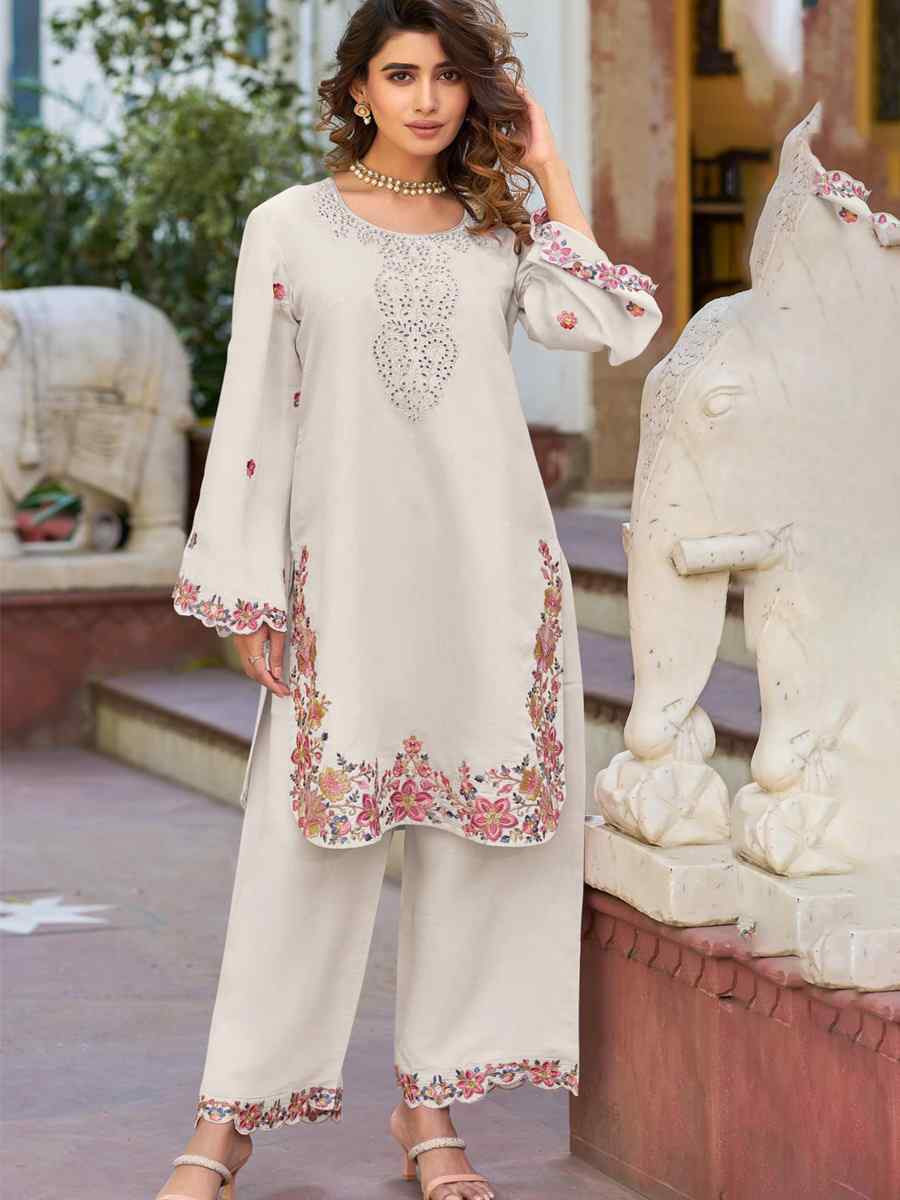 White Heavy PV Cotton Embroidered Festival Casual Kurti
