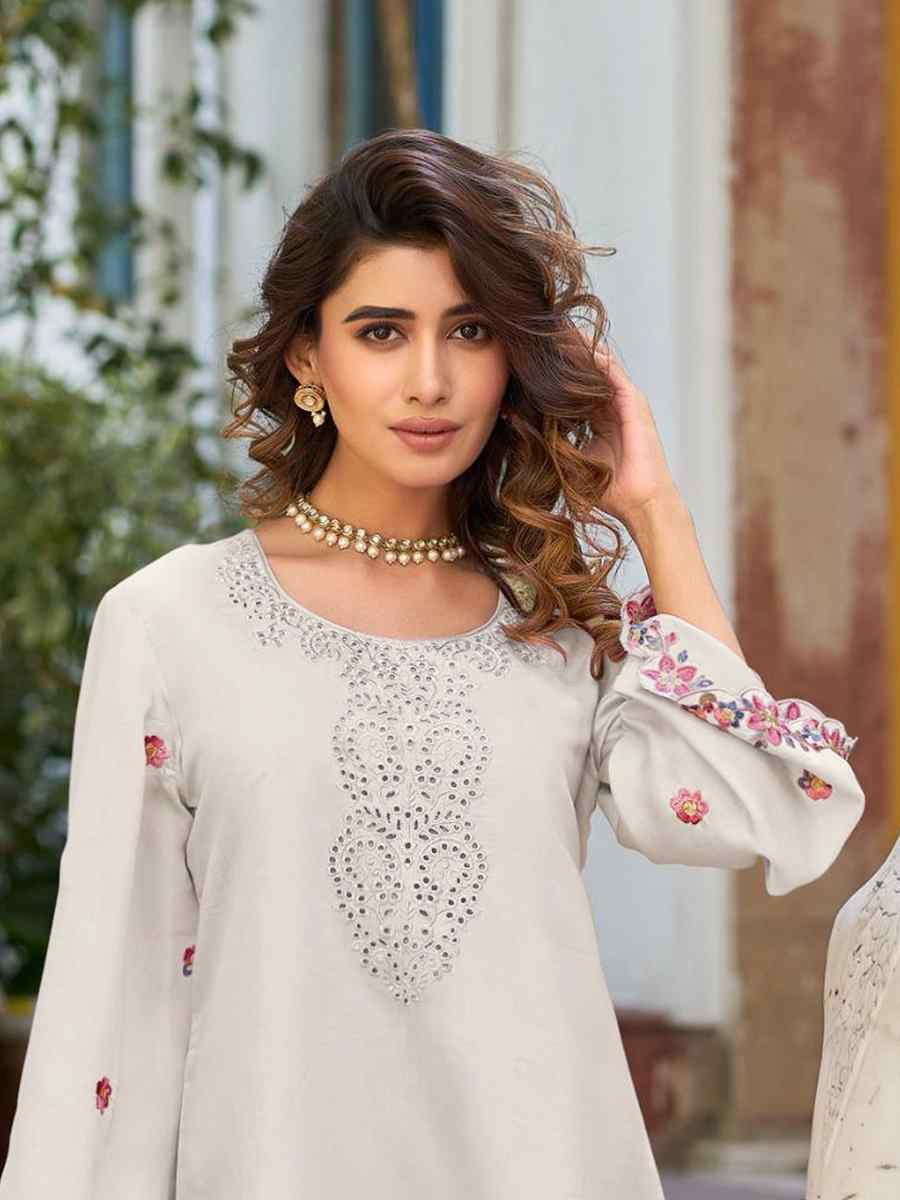 White Heavy PV Cotton Embroidered Festival Casual Kurti