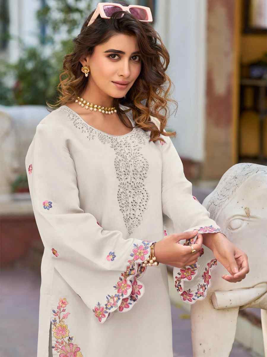 White Heavy PV Cotton Embroidered Festival Casual Kurti