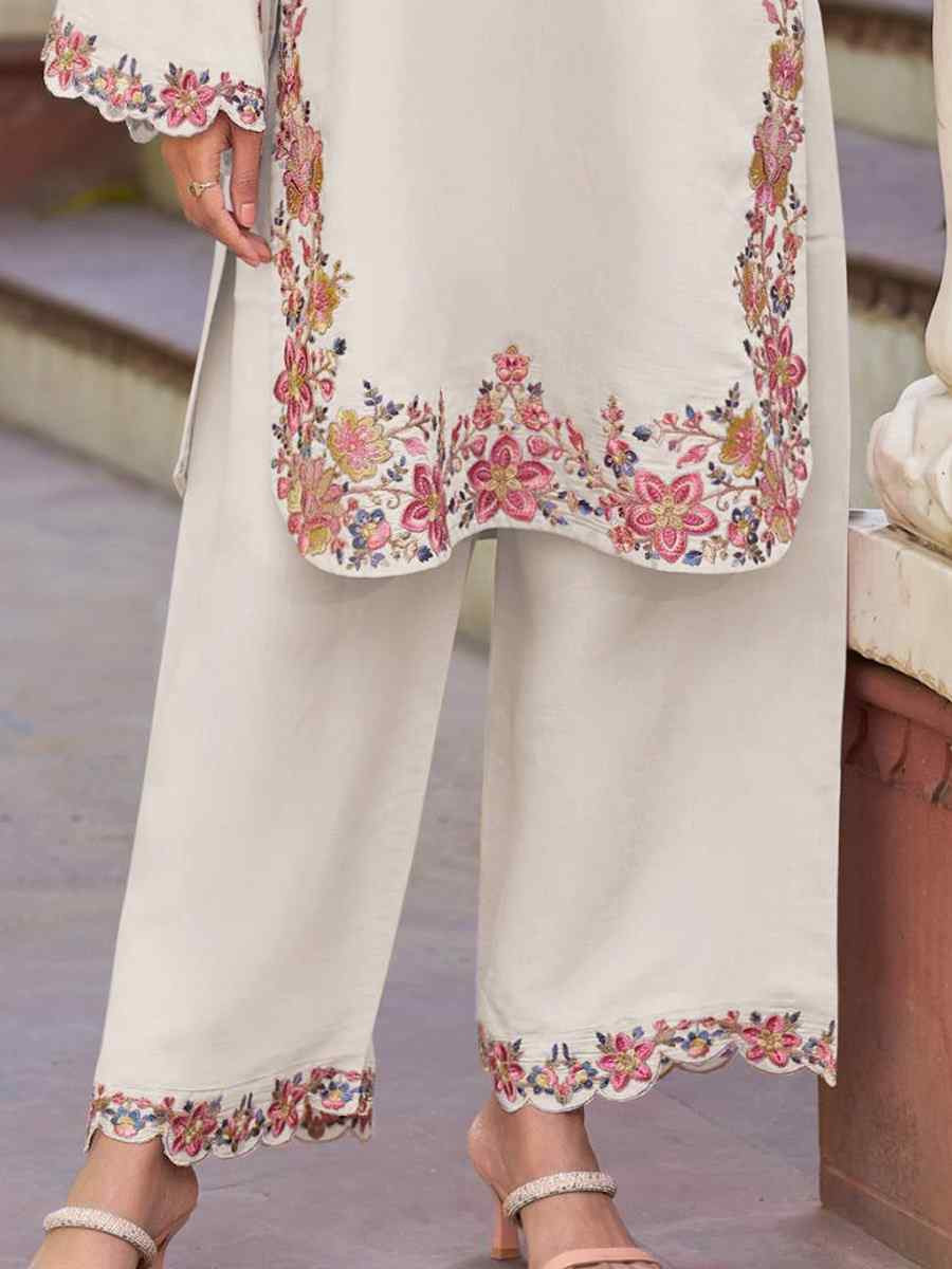 White Heavy PV Cotton Embroidered Festival Casual Kurti