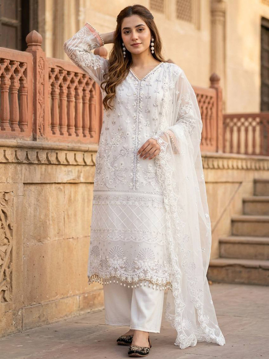 White Heavy Soft Net Embroidery Sequins Beads Party Wedding Festival Casual Ready Palazzo Pant Salwar Kameez