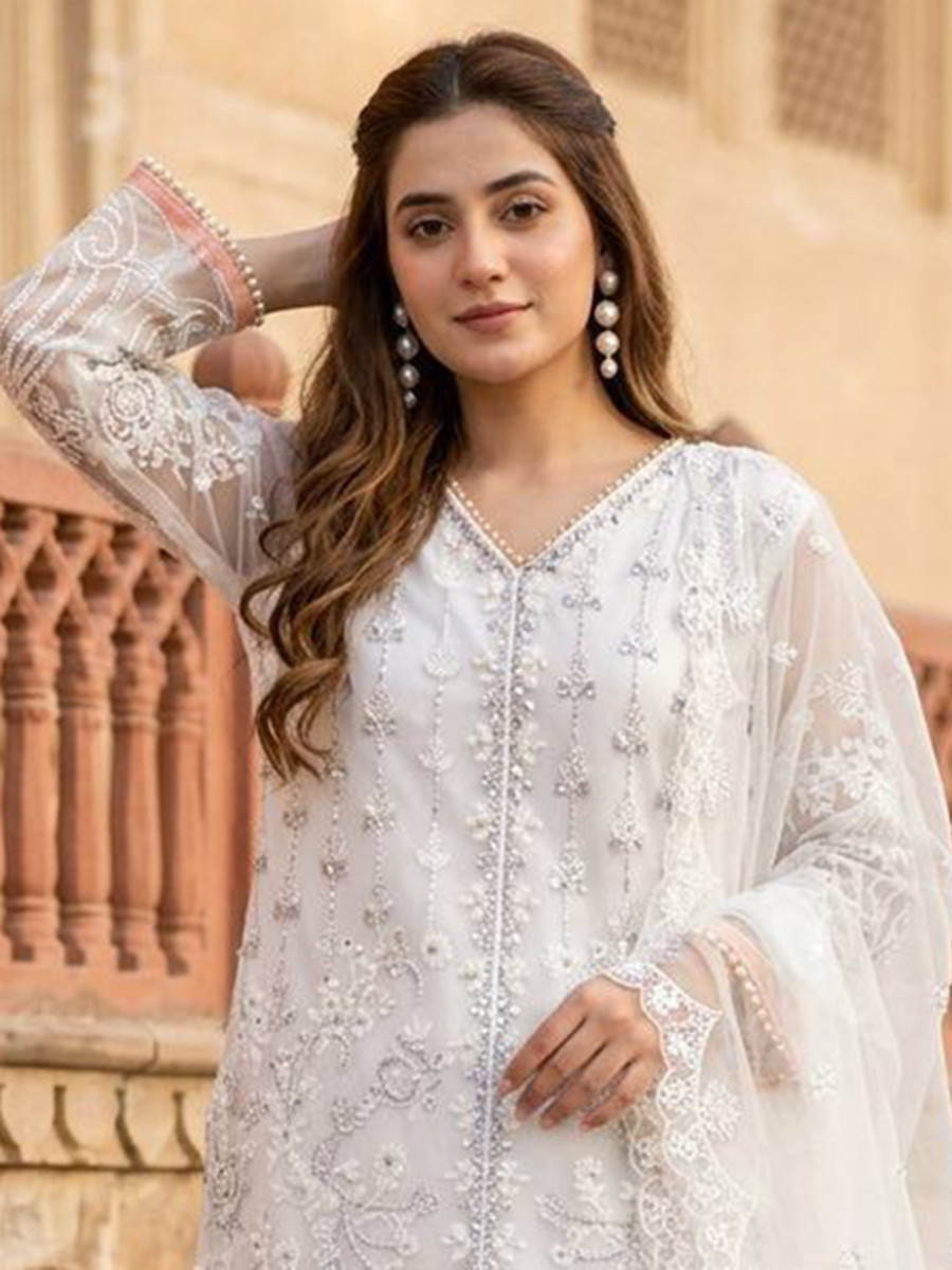 White Heavy Soft Net Embroidery Sequins Beads Party Wedding Festival Casual Ready Palazzo Pant Salwar Kameez