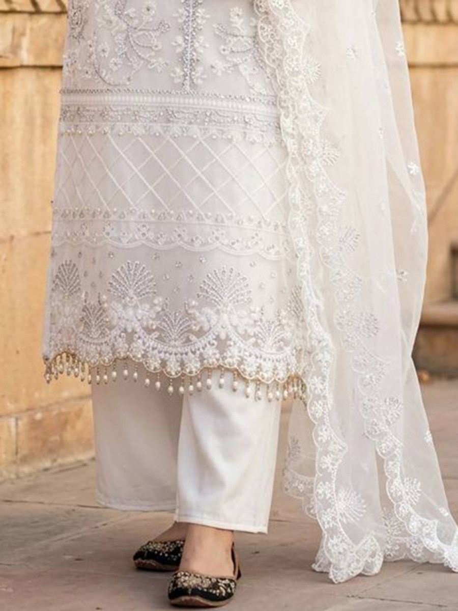 White Heavy Soft Net Embroidery Sequins Beads Party Wedding Festival Casual Ready Palazzo Pant Salwar Kameez