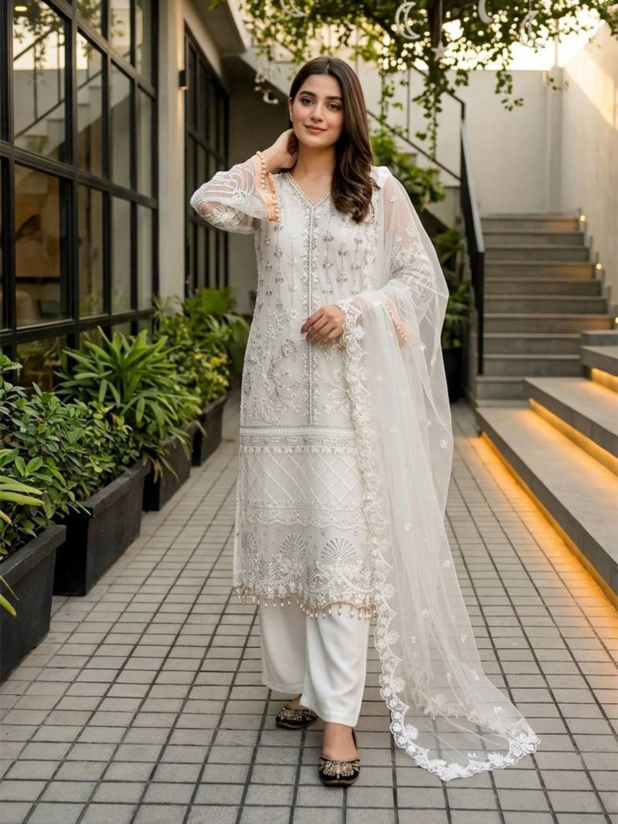 White Heavy Soft Net Embroidery Sequins Beads Party Wedding Festival Casual Ready Palazzo Pant Salwar Kameez