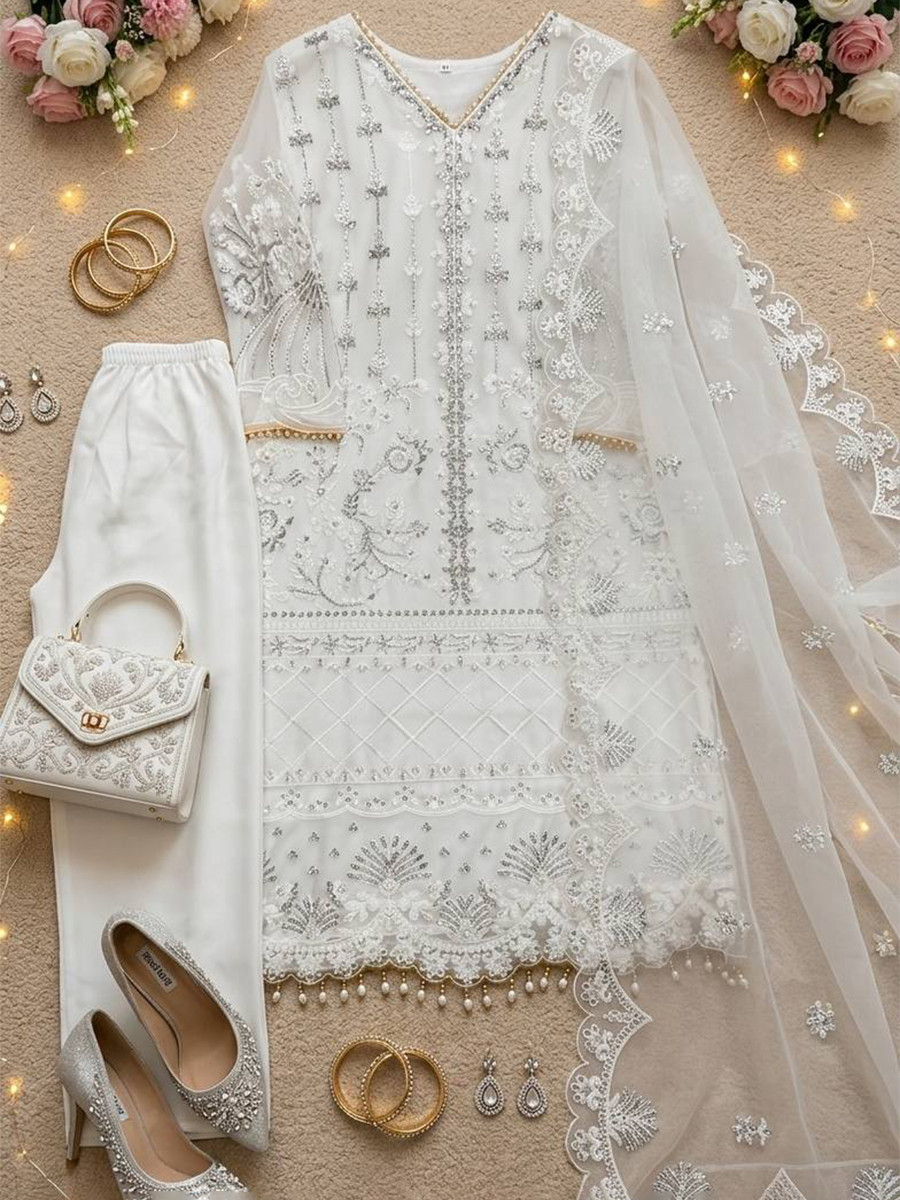 White Heavy Soft Net Embroidery Sequins Beads Party Wedding Festival Casual Ready Palazzo Pant Salwar Kameez