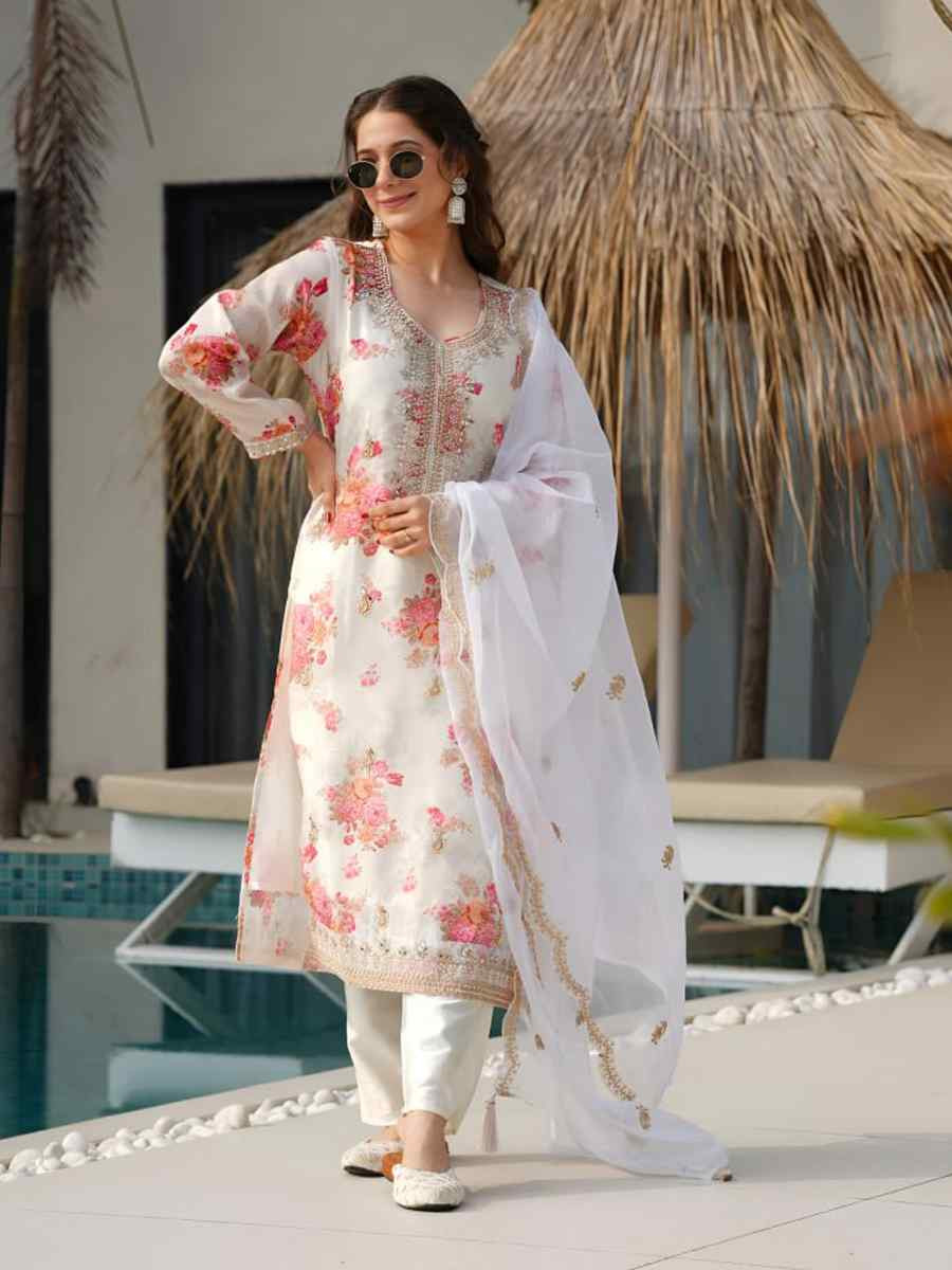 White Heavy Tebby Silk Embroidered Party Wedding Ready Pant Salwar Kameez