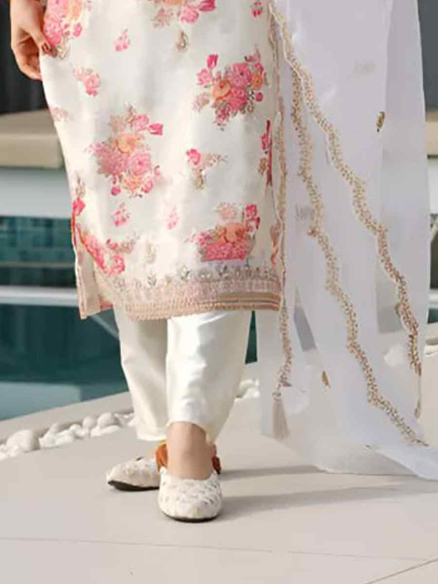 White Heavy Tebby Silk Embroidered Party Wedding Ready Pant Salwar Kameez