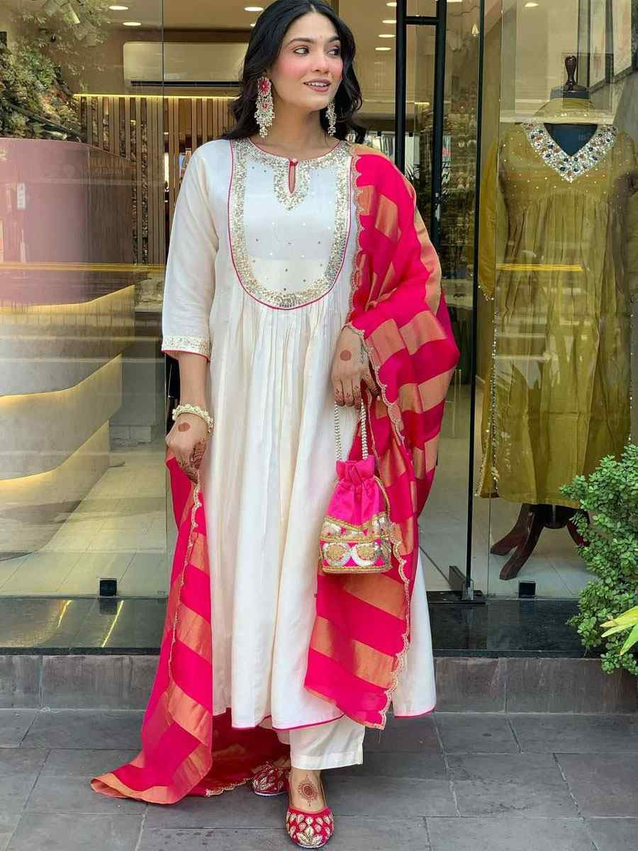 White Heavy Viscose Roman Silk Embroidery Party Wedding Festival Casual Ready Anarkali Salwar Kameez