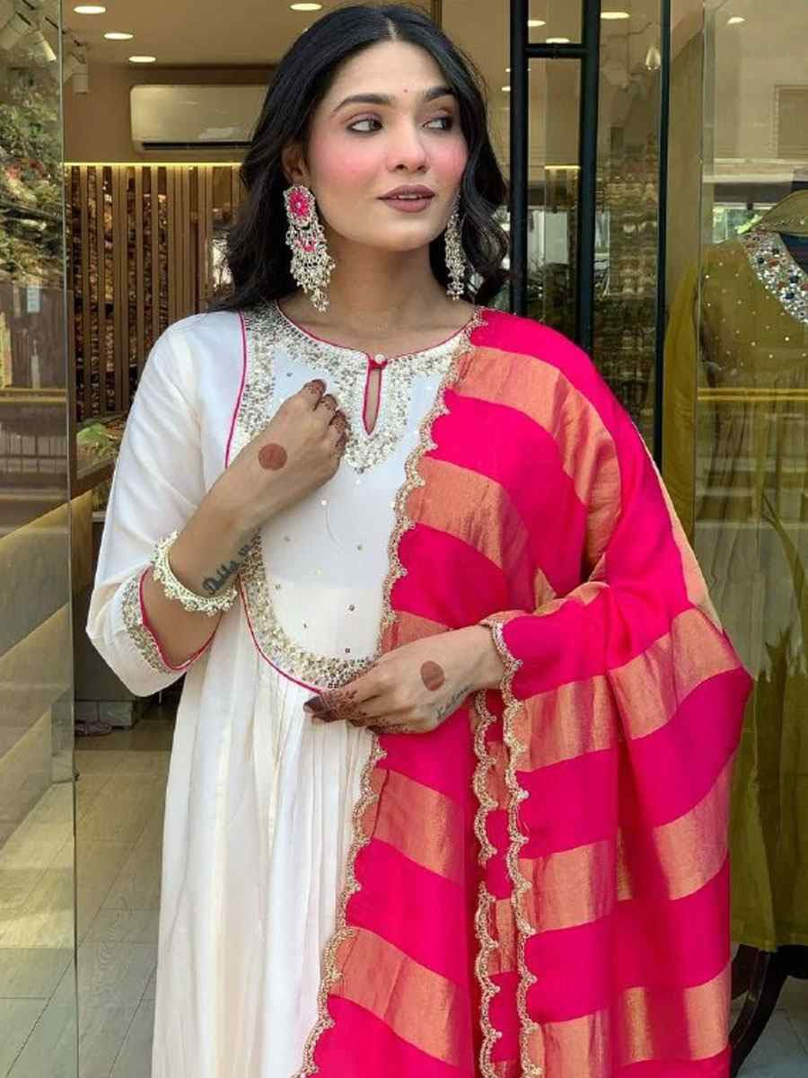 White Heavy Viscose Roman Silk Embroidery Party Wedding Festival Casual Ready Anarkali Salwar Kameez