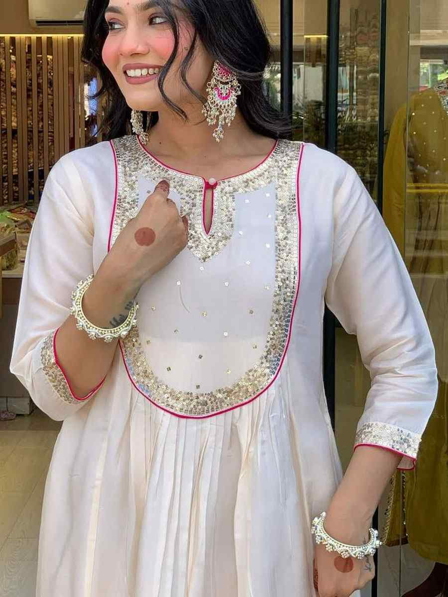 White Heavy Viscose Roman Silk Embroidery Party Wedding Festival Casual Ready Anarkali Salwar Kameez