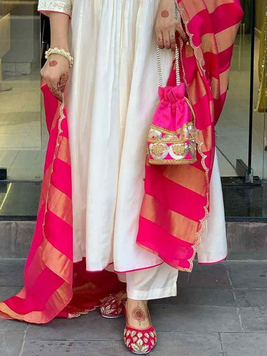 White Heavy Viscose Roman Silk Embroidery Party Wedding Festival Casual Ready Anarkali Salwar Kameez