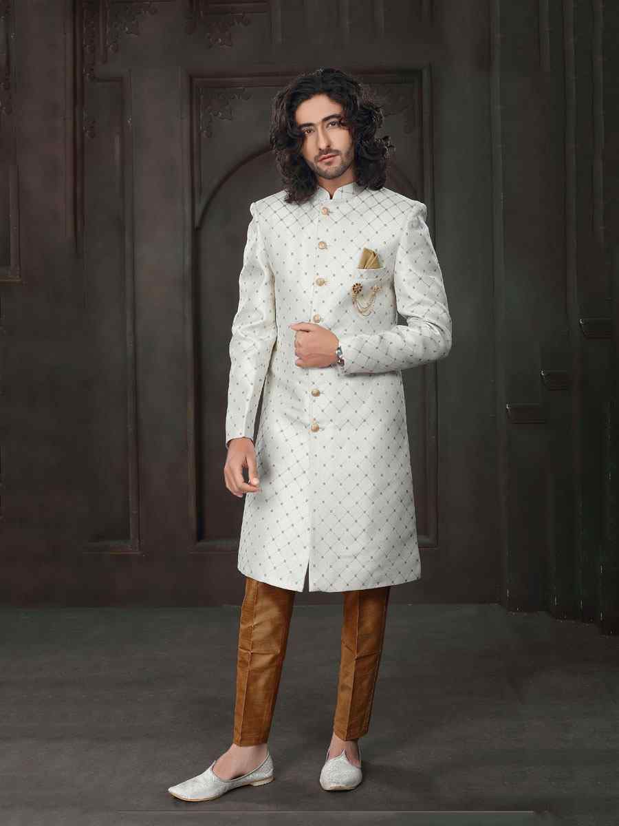 White Imported Embroidered Wedding Party Sherwani