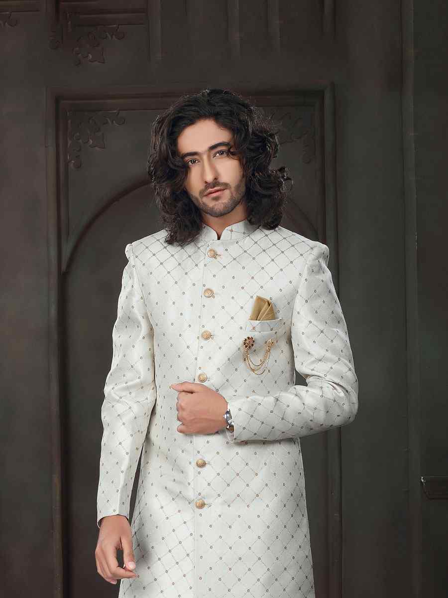 White Imported Embroidered Wedding Party Sherwani