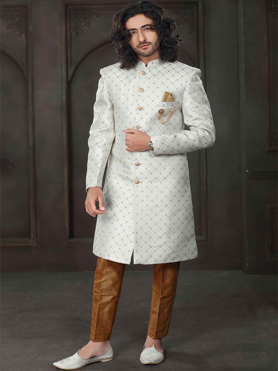 White Imported Woven Groom Wedding Sherwani