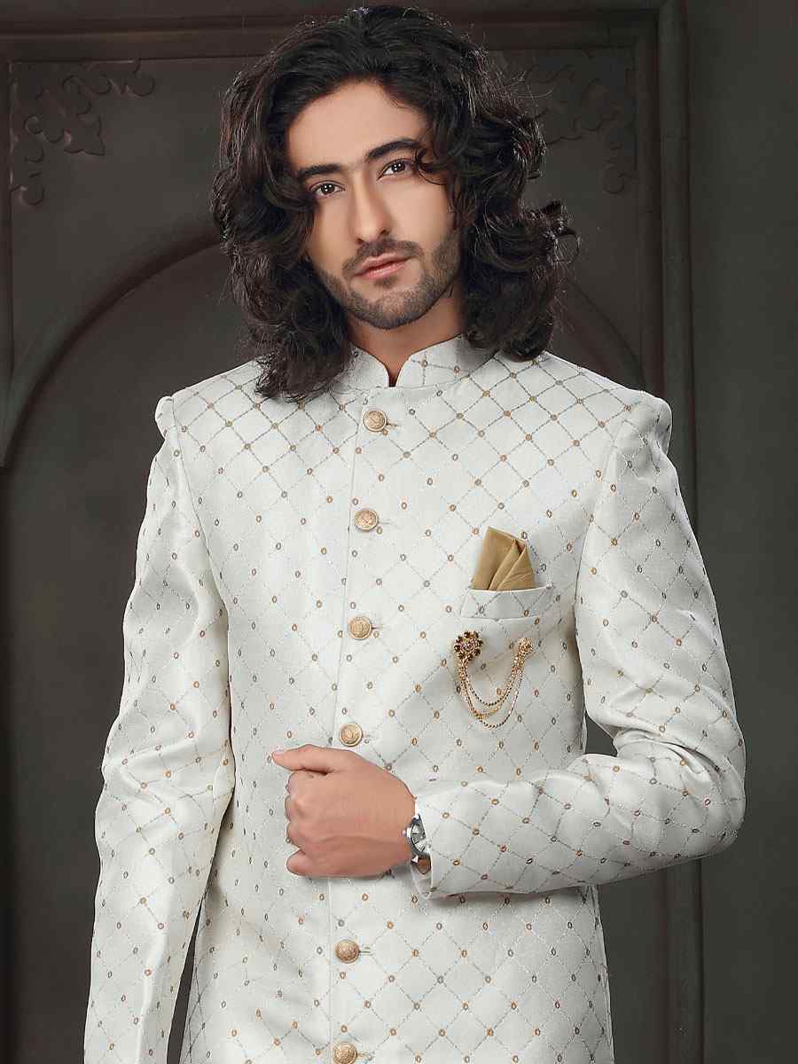 White Imported Woven Groom Wedding Sherwani