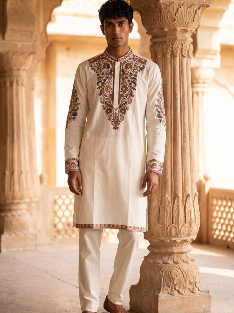 Image of White Inported Lachka Fabric Embroidery Wedding Party Festival Casual Mens Wear Kurta