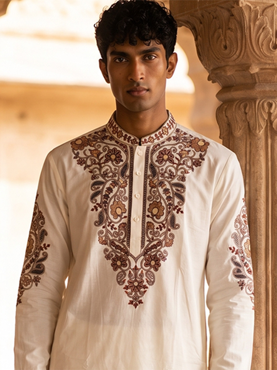 White Inported Lachka Fabric Embroidery Wedding Party Festival Casual Mens Wear Kurta