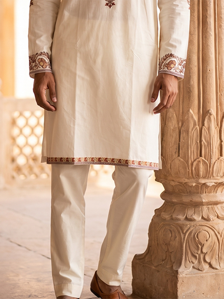 White Inported Lachka Fabric Embroidery Wedding Party Festival Casual Mens Wear Kurta