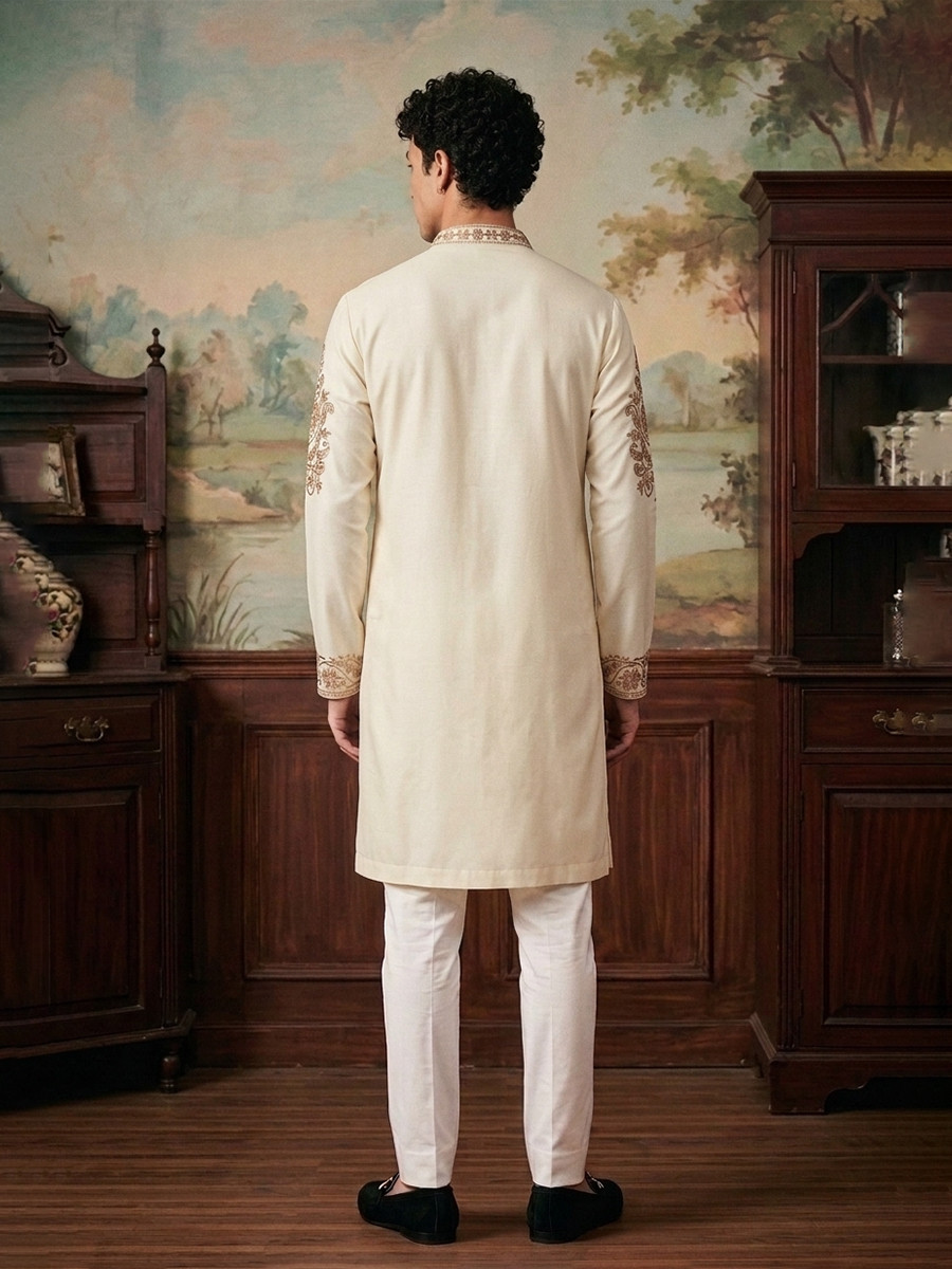 White Inported Lachka Fabric Embroidery Wedding Party Festival Casual Mens Wear Kurta