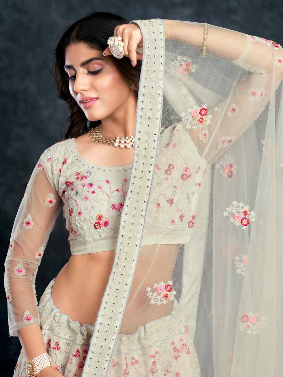 White Italian Silk Embroidered Wedding Festival Heavy Border Lehenga Choli