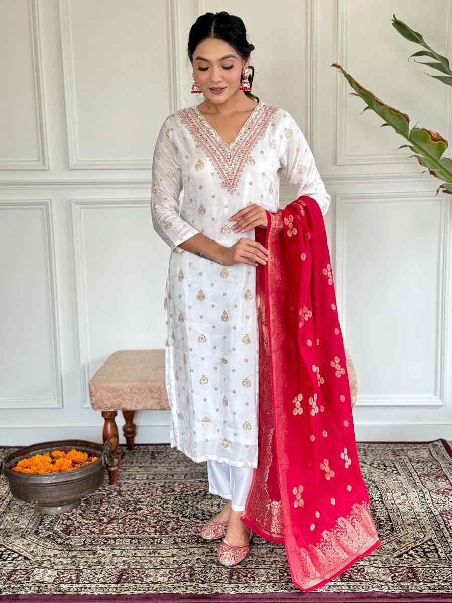 White Jacquard Embroidered Festival Casual Ready Pant Salwar Kameez