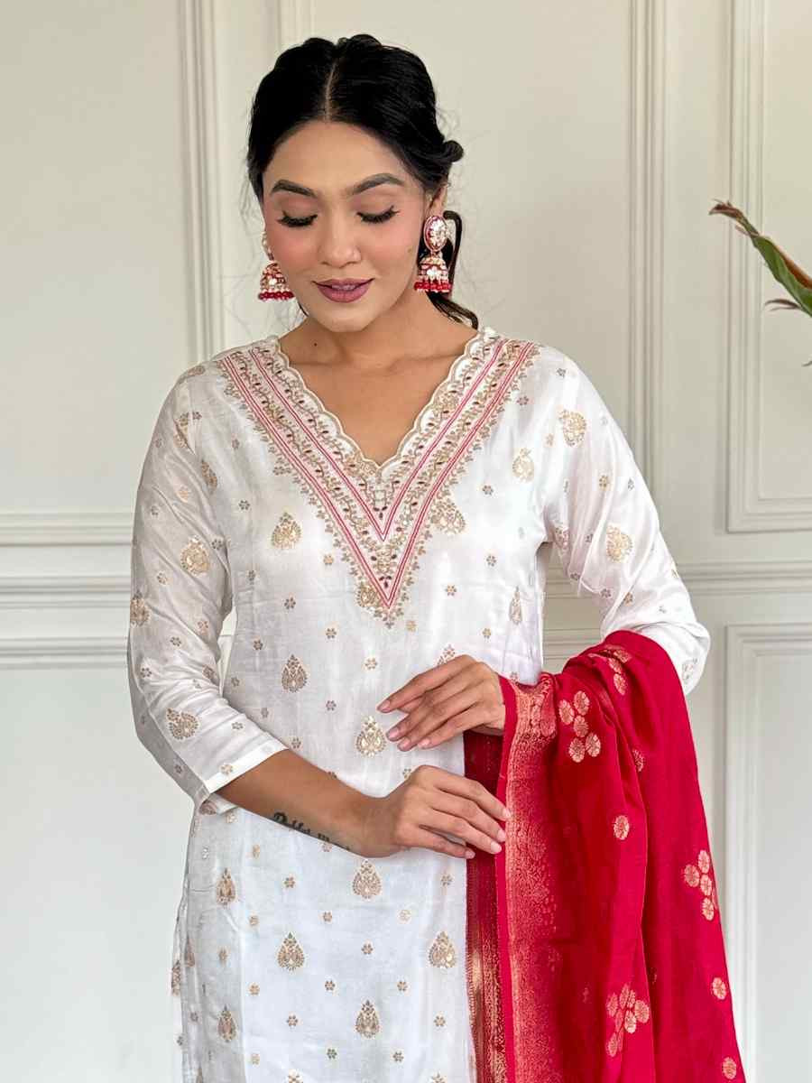 White Jacquard Embroidered Festival Casual Ready Pant Salwar Kameez