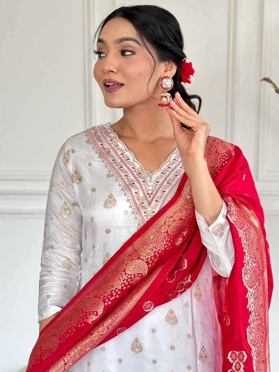 White Jacquard Embroidered Festival Casual Ready Pant Salwar Kameez