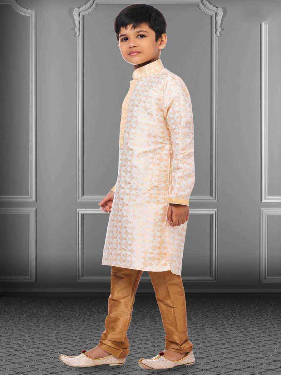White Jacquard Silk Embroidered Festival Kurta Pyjama Boys Wear
