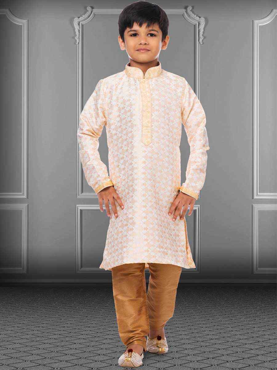 White Jacquard Silk Embroidered Festival Kurta Pyjama Boys Wear